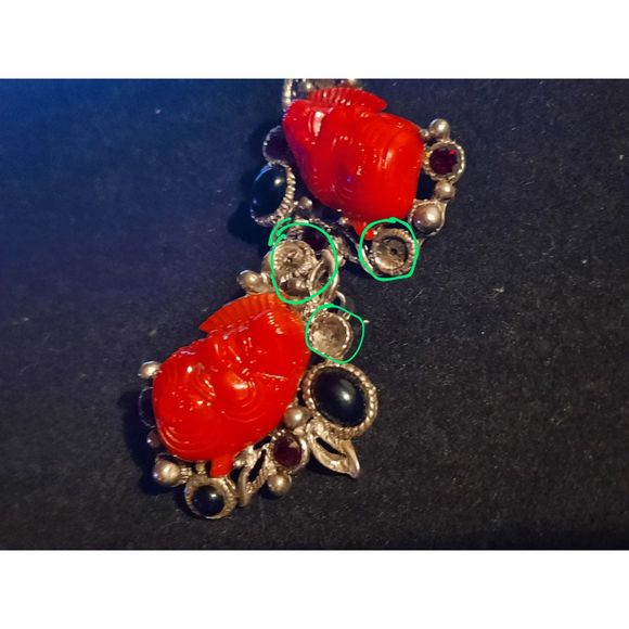 Vintage Selro Clip on Earrings Asian Red Devil 3 Missing Cabochon - Picture 8 of 11